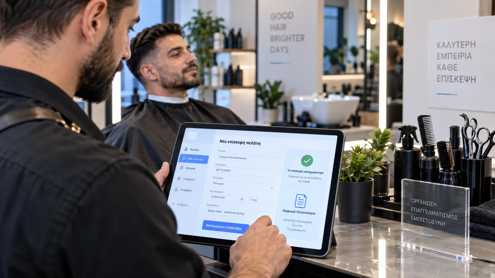 Κουρείο με tablet για Ψηφιακό Πελατολόγιο ΑΑΔΕ