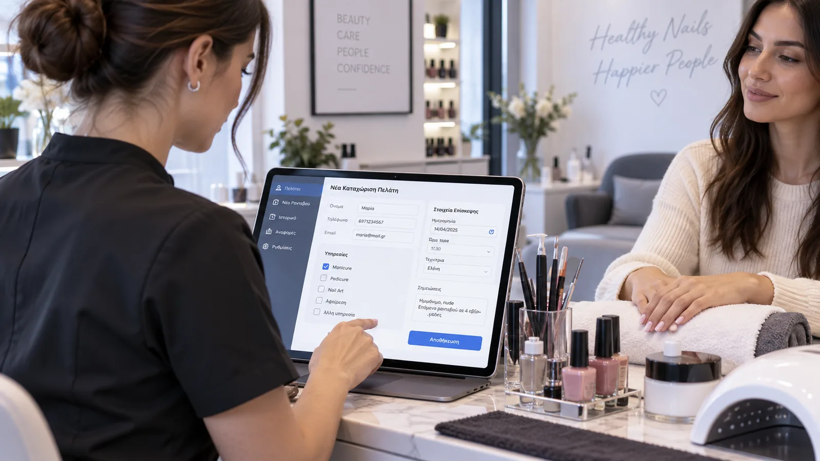Nail salon με tablet για Ψηφιακό Πελατολόγιο