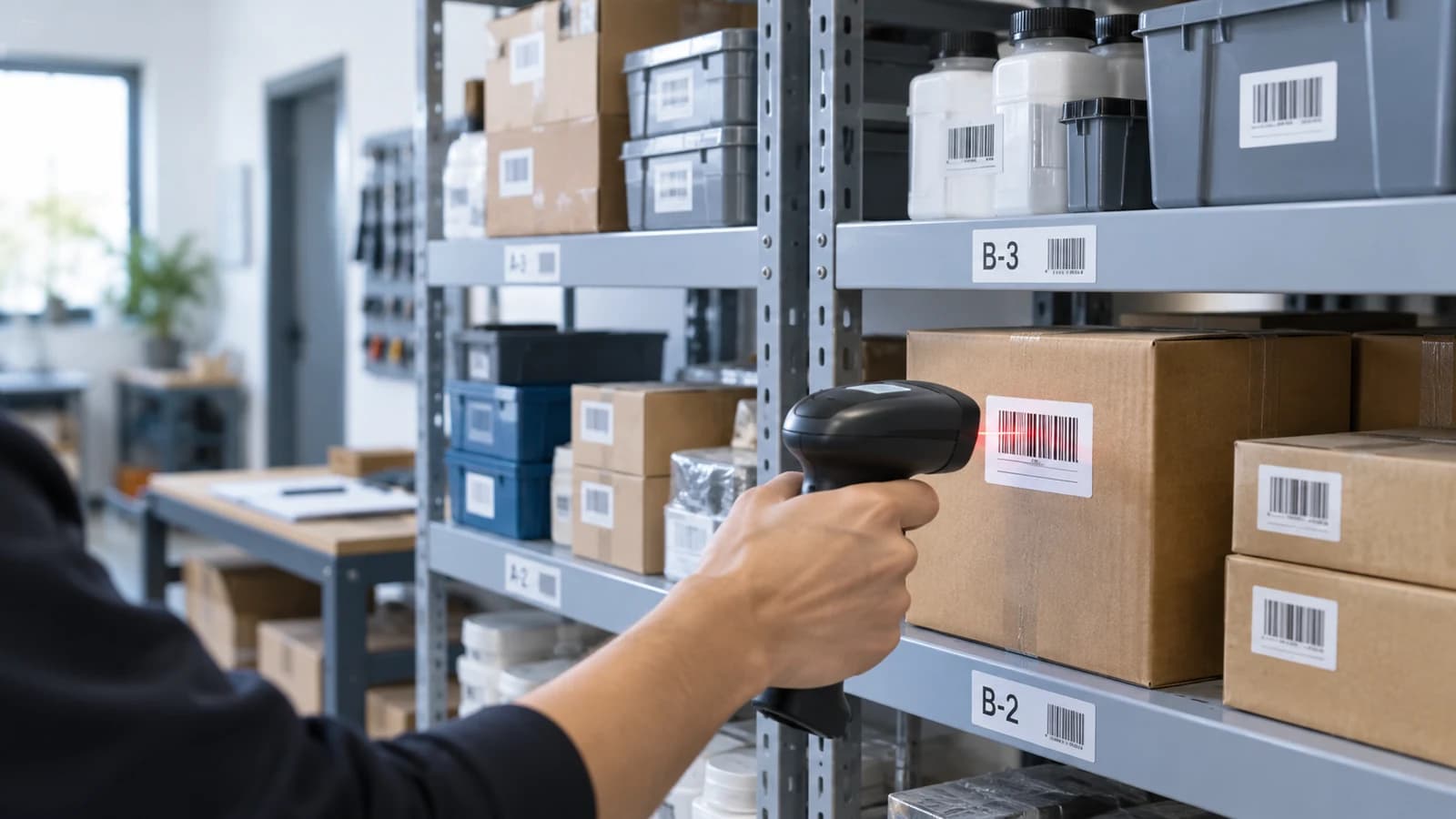 Ράφια αποθήκης με τυπωμένες ετικέτες barcode και scanner